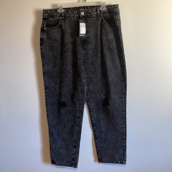 NWT Boohoo Jeans Acid Washed Mom 12 Black Distressed High Rise Burnout Grunge - Picture 1 of 13